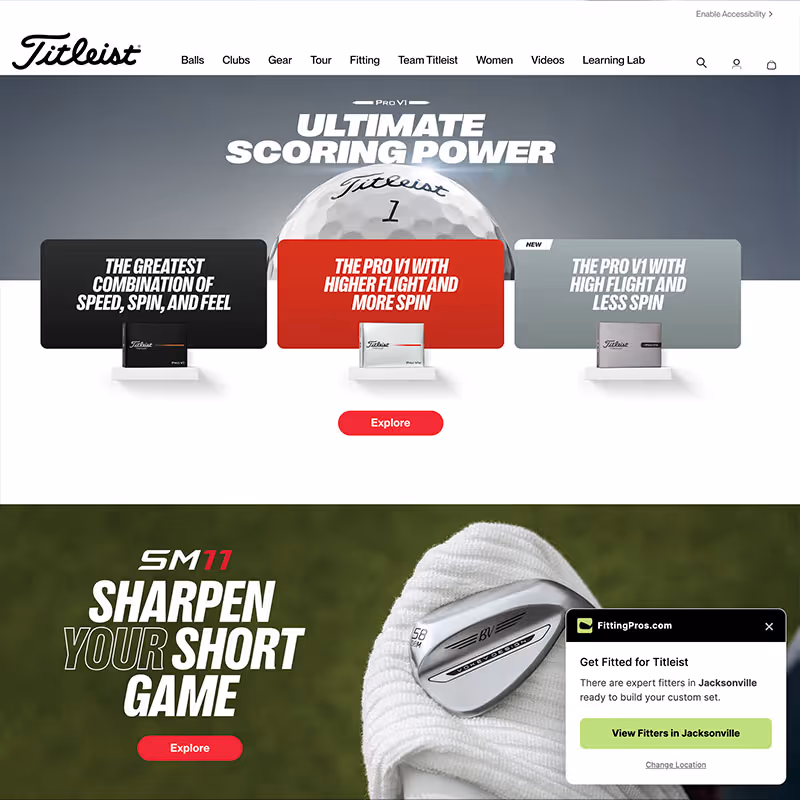 The Club Fitter and Pricing Finder Chrome extension shows up in the bottom right of golf manufacturer pages, like here on titleist.com